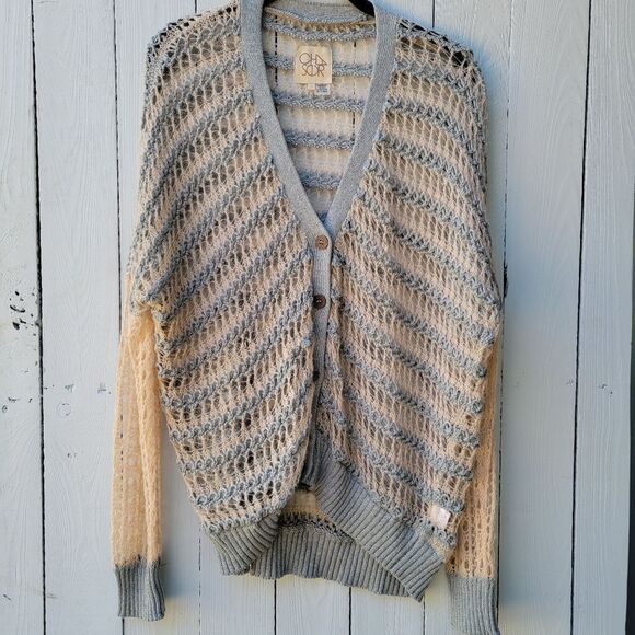 CHASER loose Knit cardigan sweater gray peach - Picture 1 of 6